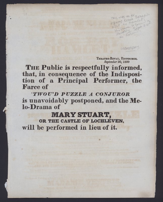 Zawiadomienie o zmianie wystawianego spektaklu w Theatre Royal, Edynburg, 30 września 1829 (lito) autorstwa Scottish School