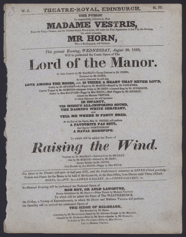 Program teatralny dla Theatre Royal, Edynburg, 20 sierpnia 1823 (lito) autorstwa Scottish School
