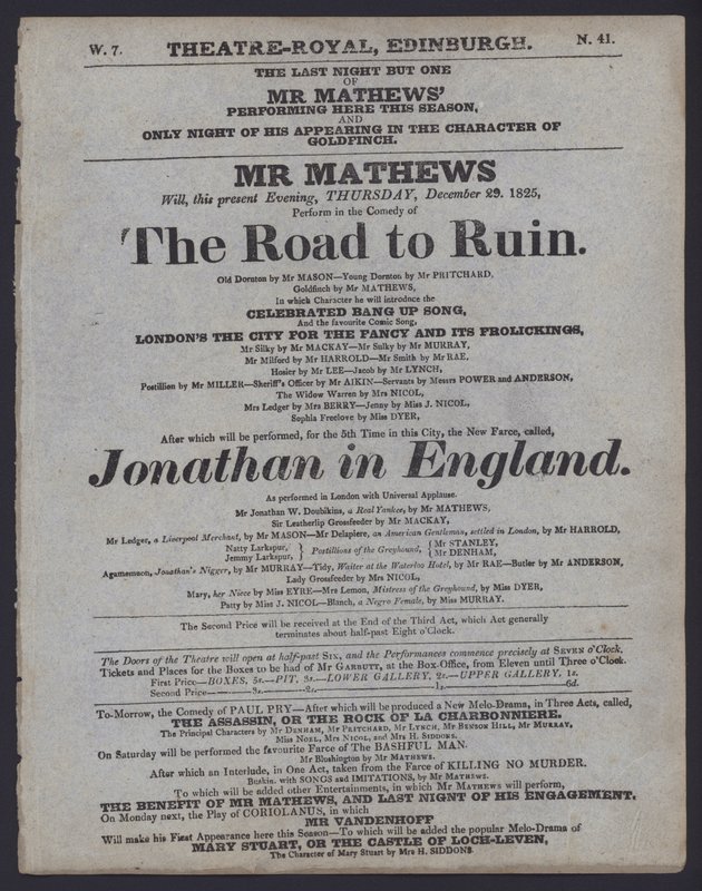 Program teatralny dla Theatre Royal, Edynburg, 29 grudnia 1825 (lito) autorstwa Scottish School