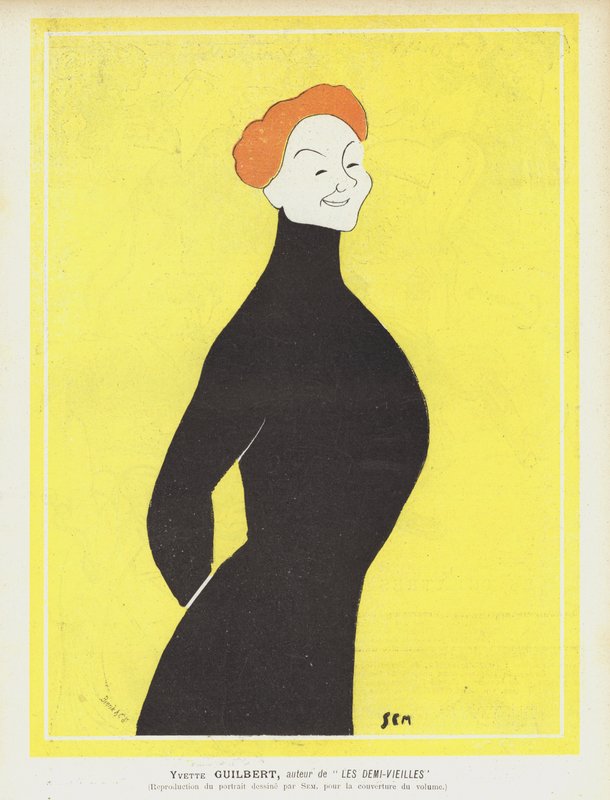 Yvette Guilbert, francuska piosenkarka i aktorka kabaretowa. Ilustracja do Le Rire autorstwa Sem