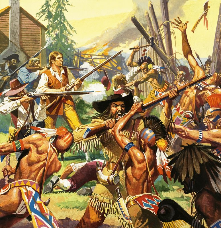 Daniel Boone broniący zagrody w Kentucky przed atakami Indian autorstwa Severino Baraldi