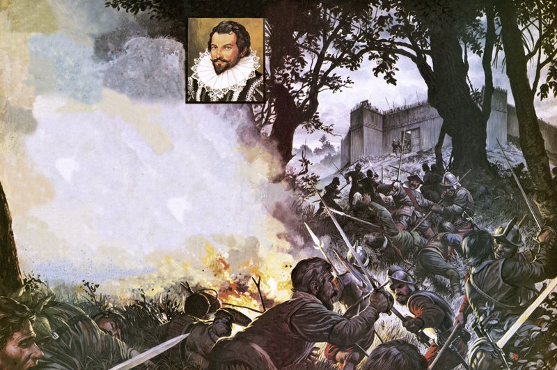 Ludzie Sir Waltera Raleigha atakują hiszpański fort autorstwa Severino Baraldi