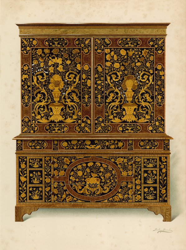 Prasa gabinetowa inkrustowana markieterią, własność markiza Exeter (chromolitho) autorstwa Shirley Charles Llewellyn Slocombe