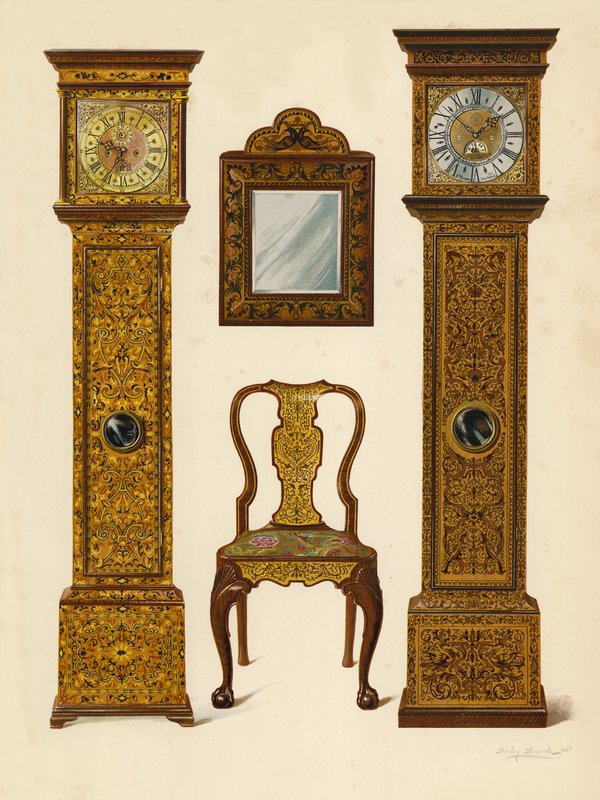 Zegar Inkrustowany Light Marqueterie, własność Percy Macquoid; Zegar inkrustowany Dark Marqueterie, Muzeum Wiktorii i Alberta; Krzesło orzechowe inkrustowane markieterią; Lustro (chromolit) autorstwa Shirley Charles Llewellyn Slocombe