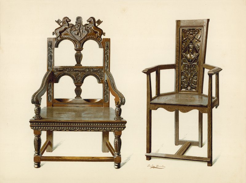 Krzesło Oak Cacqueteuse, własność Percy Macquoid; Cisowe krzesło, własność księcia Leeds (chromolitho) autorstwa Shirley Charles Llewellyn Slocombe