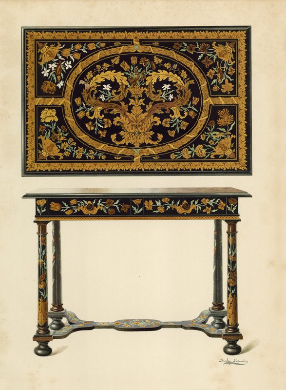 Stół inkrustowany markieterią, własność Lorda Zouche z Haryngworth (chromolitho) autorstwa Shirley Charles Llewellyn Slocombe