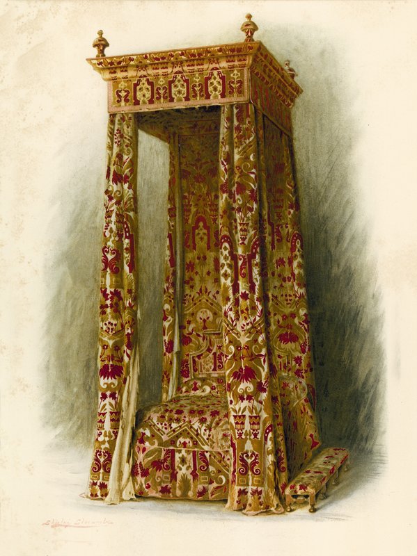 Łóżko tapicerowane, Pałac Hampton Court (chromolitho) autorstwa Shirley Charles Llewellyn Slocombe