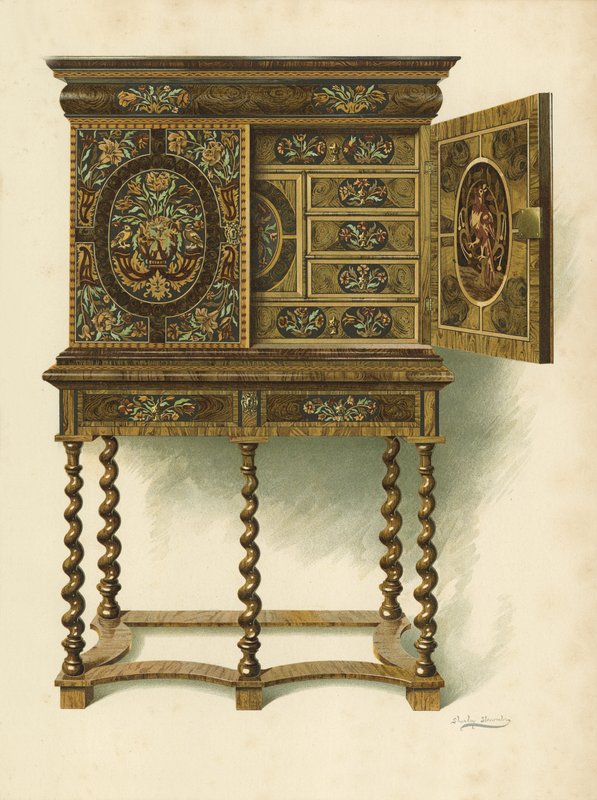 Szafka z orzecha inkrustowanego markieterią, własność Hon Charlotte Maria Lady North i R Eden Dickson (chromolitho) autorstwa Shirley Charles Llewellyn Slocombe