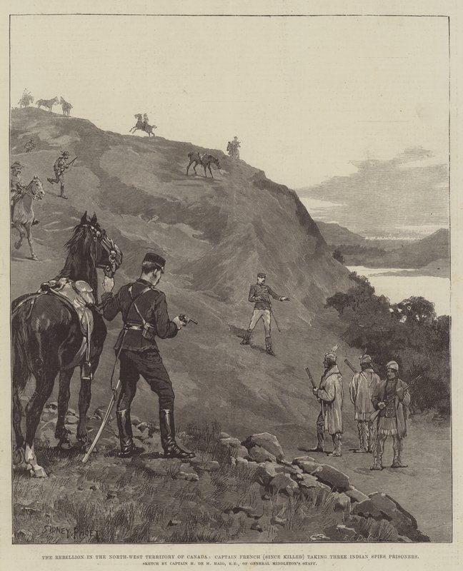 Rebelia na Północno-Zachodnim Terytorium Kanady, Kapitan French (od śmierci) biorący Trzech Indian Szpiegów Więźniów autorstwa Sidney Paget