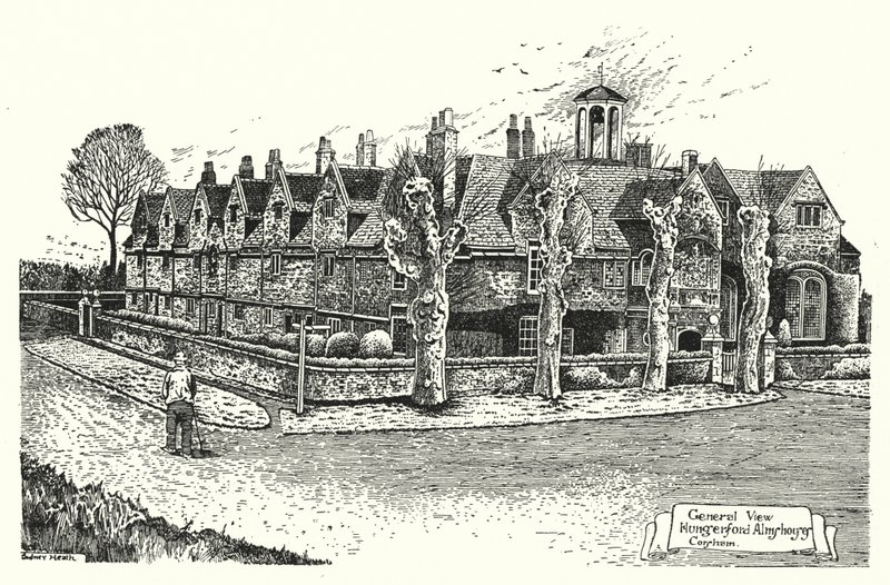 Widok ogólny, Hungerford Almshouses, Corsham (grawerowanie) autorstwa Sidney Heath