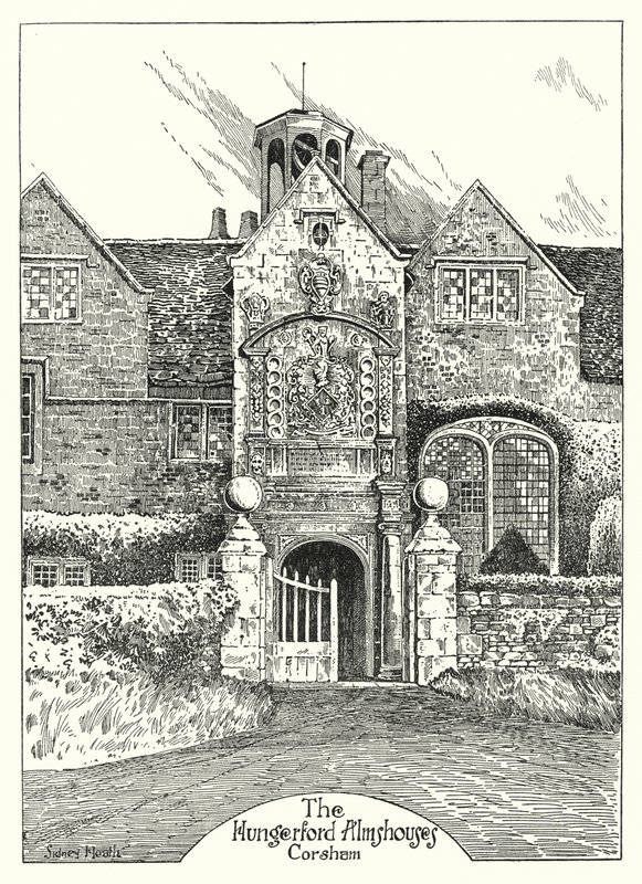 Domy przytułków Hungerford, Corsham (grawerowanie) autorstwa Sidney Heath