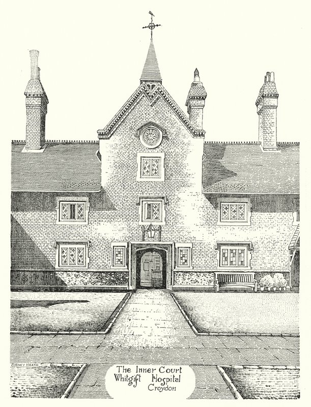 Dziedziniec Wewnętrzny, Szpital Whitgift, Croydon (grawerowanie) autorstwa Sidney Heath