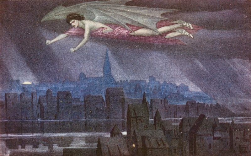 Złota legenda: Lucyfer przelatujący nad miastem (kolorowa litografia) autorstwa Sidney Meteyard