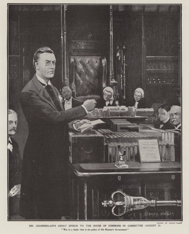 Przemówienie Josepha Chamberlaina o wojnie burskiej w Izbie Gmin w dniu 2 sierpnia 1901 r. (lito) autorstwa Sidney Paget