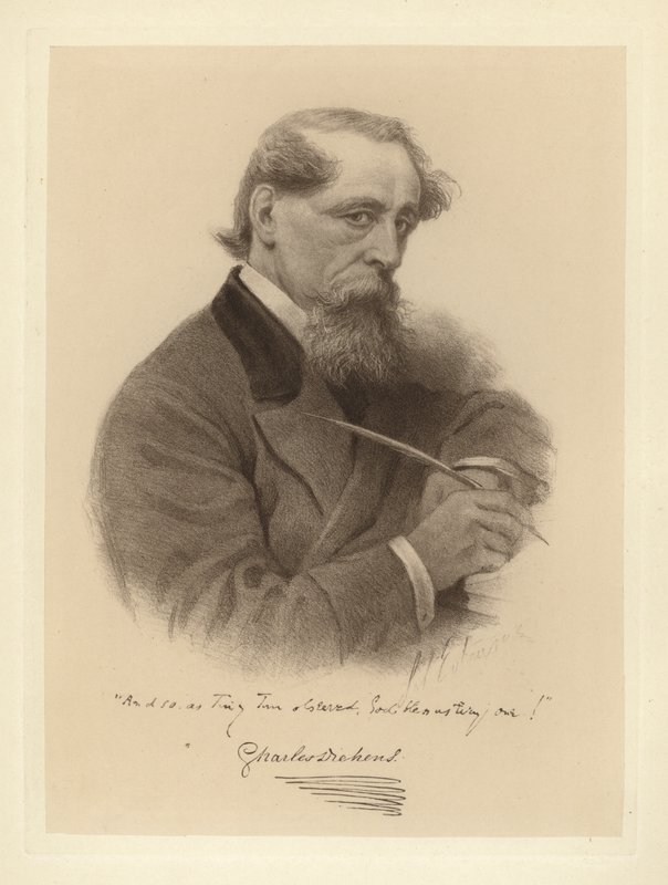 Portret Karola Dickensa trzymającego pióro (zdjęcie czarno-białe) autorstwa Solomon (after) Eytinge