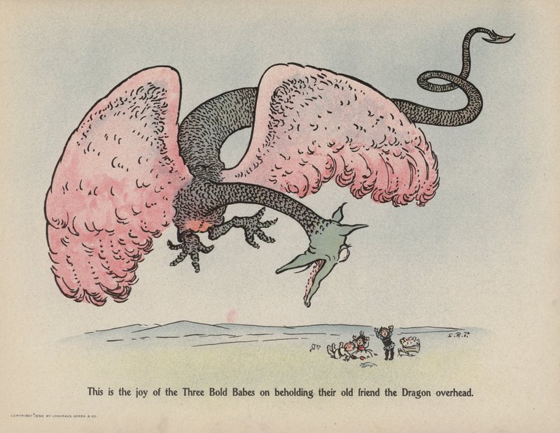 Ilustracja do "Further Doings of the Three Bold Babes" (kolorowa litografia) autorstwa Sophia Rosamond Praeger