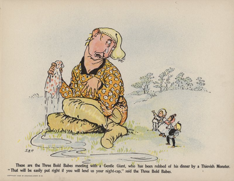Ilustracja do "Further Doings of the Three Bold Babes" (kolorowa litografia) autorstwa Sophia Rosamond Praeger