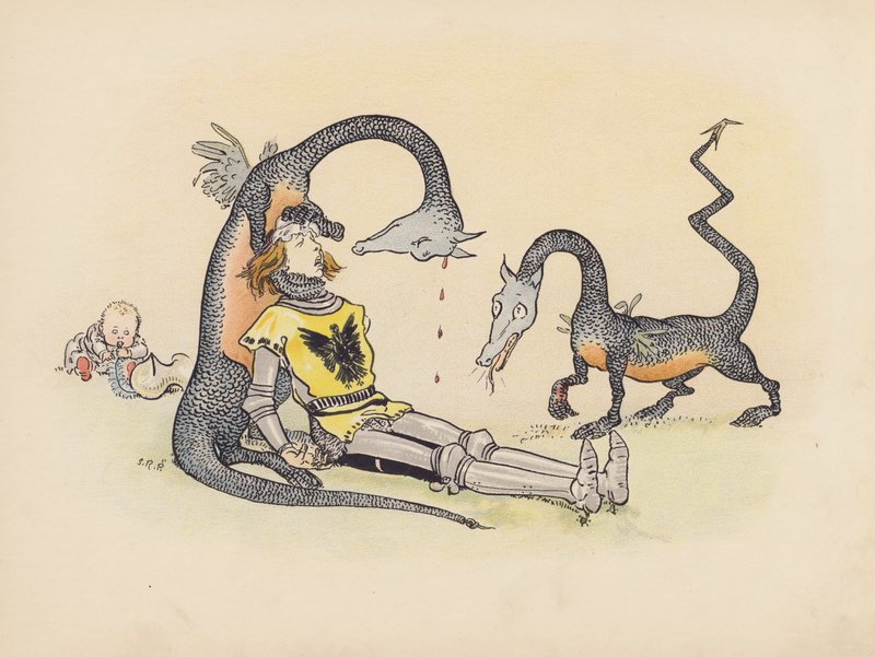 Ilustracja do Little Twin Dragons autorstwa S. Rosamond Praeger (kolorowa litografia) autorstwa Sophia Rosamond Praeger