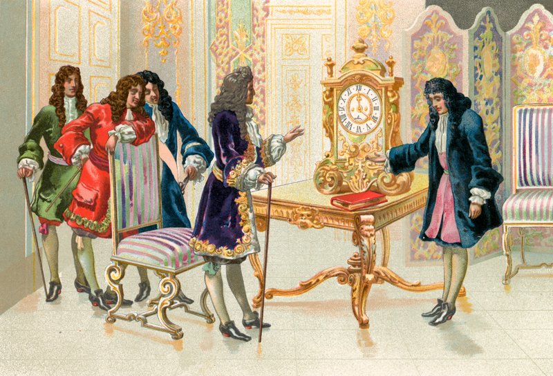 Christiaan Huygens przedstawiający zegar wahadłowy Ludwikowi XIV autorstwa Spanish School