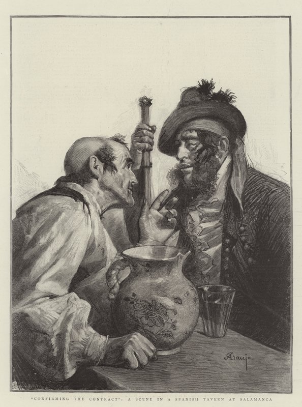 „Potwierdzenie umowy”, scena w hiszpańskiej tawernie w Salamance (rycina) autorstwa Spanish School