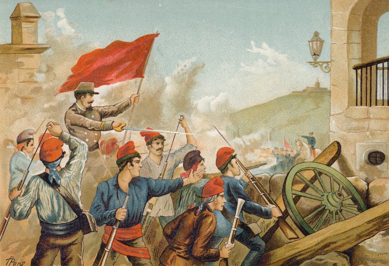 Walka między republikańskimi ochotnikami i żołnierzami, Sarria, Barcelona, 1874 autorstwa Spanish School