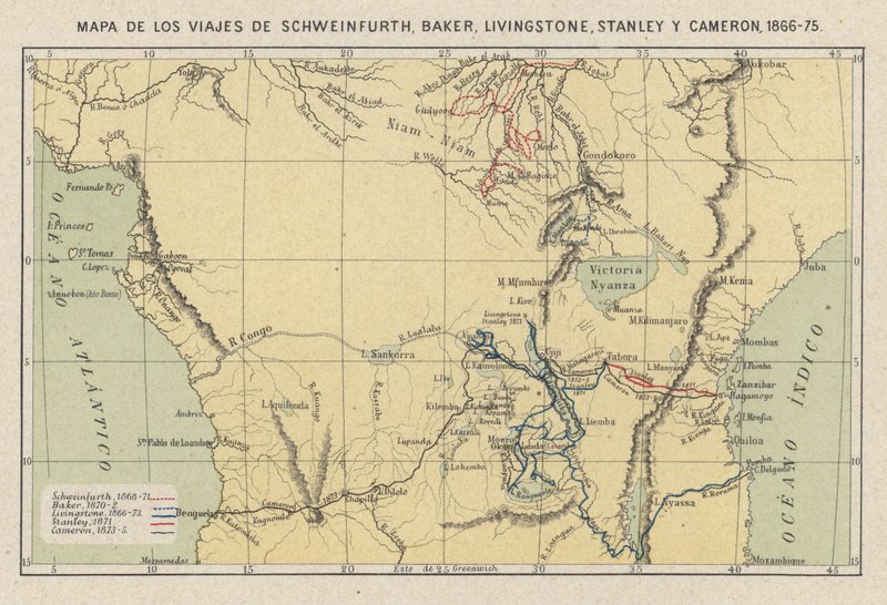 Mapa przedstawiająca podróże odkrywców Georga Augusta Schweinfurtha, Samuela Bakera, Davida Livingstone