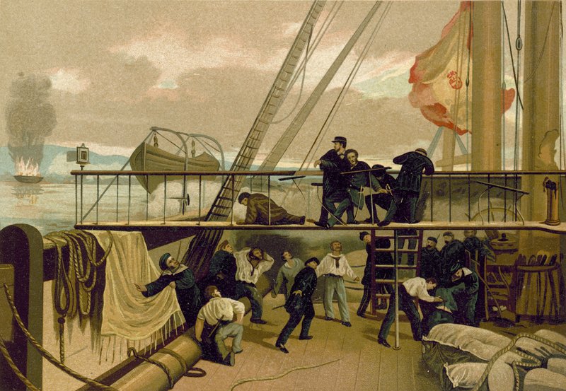 Mendez Nunez ranny podczas bombardowania Callao, Peru, 1866 autorstwa Spanish School