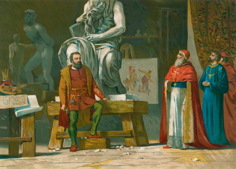 Popiežius Julius II lankosi Mikelandželopolio dirbtuvėse autorstwa Spanish School