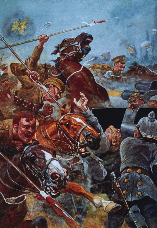 Szarża 9. Lancerów podczas odwrotu spod Mons autorstwa Stanley L. Wood