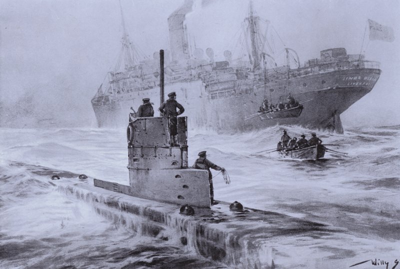 Zatonięcie brytyjskiego statku handlowego Linda Blanche przez niemiecki okręt podwodny U-21 przy Liverpoolu, I wojna światowa, 30 stycznia 1915 (lito) autorstwa Willy  Stoewer 