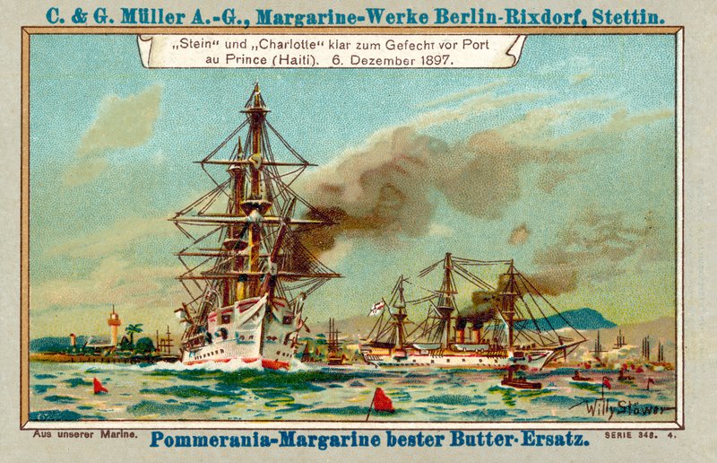 Niemieckie okręty wojenne Stein i Charlotte w Port au Prince Harbour na Haiti podczas afery Luders, 6 grudnia 1897 (chromolitho) autorstwa Stoewer Willy