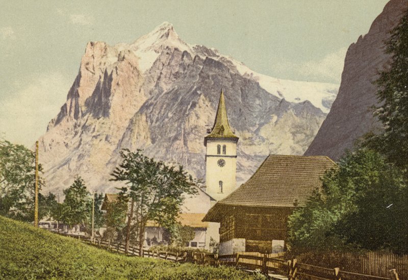 Oberland Berneński: Grindelwald z kościołem (kolorowe zdjęcie) autorstwa Swiss Photographer