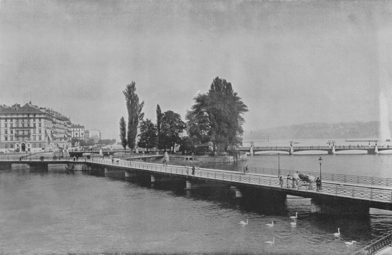 Genewa, Pont des Bergues i Ile J-J Rousseau (zdjęcie czarno-białe) autorstwa Swiss Photographer
