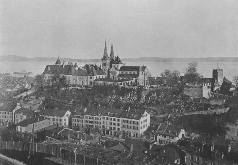 Neuchâtel, zamek i kolegiata (zdjęcie czarno-białe) autorstwa Swiss Photographer
