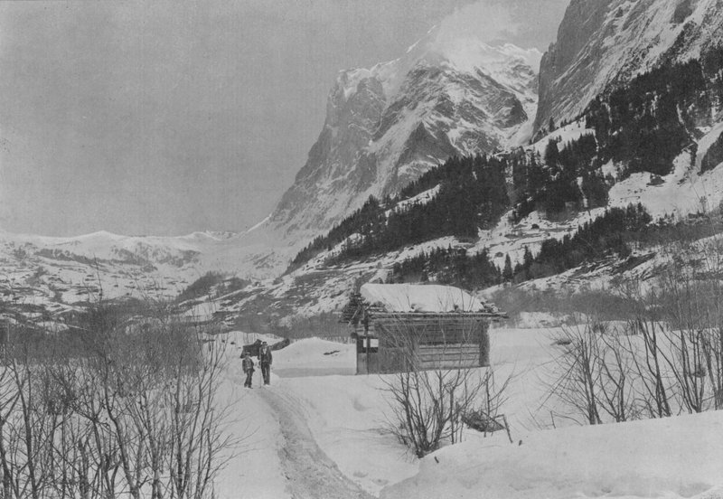 Zimowy krajobraz w Grindelwald i Wetterhorn (zdjęcie czarno-białe) autorstwa Swiss Photographer