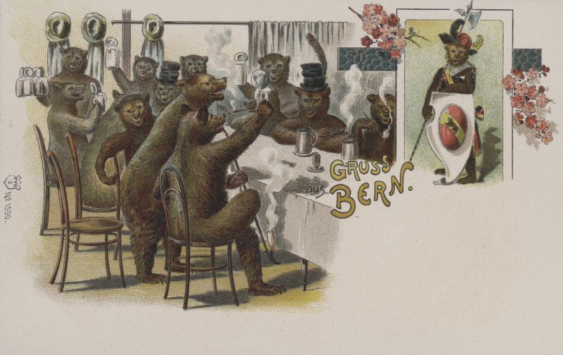 Niedźwiedzie pijące piwo, pozdrowienia z Berna, Szwajcaria (chromolitho) autorstwa Swiss School