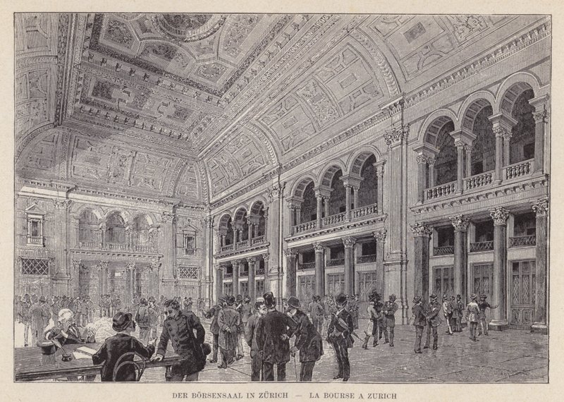 Hala Giełdy w Zurychu, La Bourse a Zurich (rycina) autorstwa Swiss School