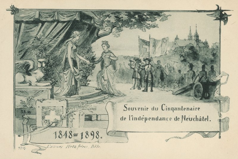 Pięćdziesiąta rocznica ogłoszenia się przez Neuchatel republiką w ramach Konfederacji Szwajcarskiej w 1848 roku (lito) autorstwa Swiss School