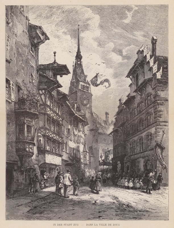W mieście Zug, Dans la Ville de Zoug (grafika) autorstwa Swiss School