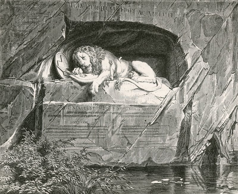 Pomnik w Lucernie ku czci Gwardii Szwajcarskiej, która poległ w obronie francuskiej rodziny królewskiej, 10 sierpnia 1792 r. autorstwa Swiss School