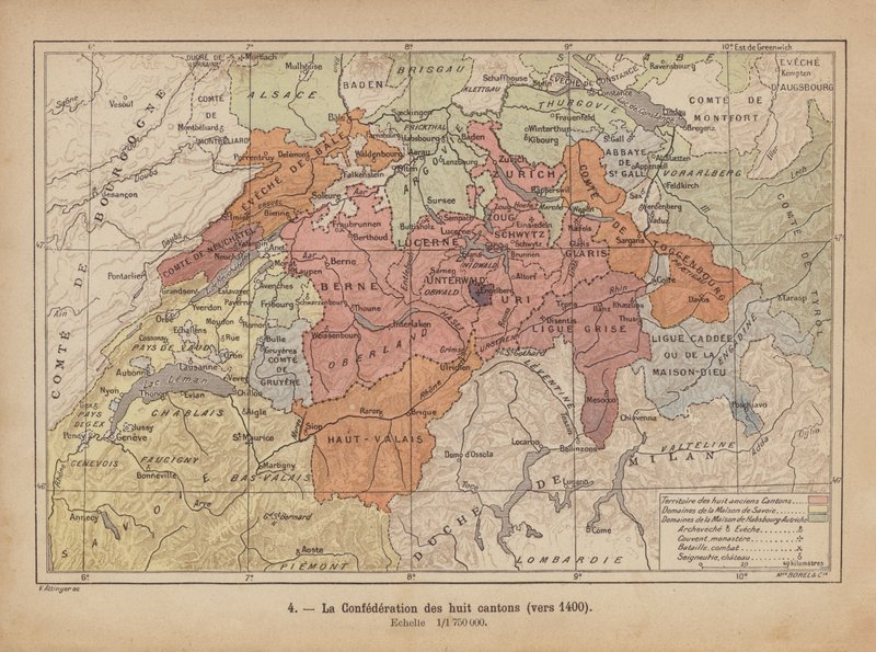 Stara Konfederacja Szwajcarska, ok. 1400 r. (kolorowa rycina) autorstwa Swiss School