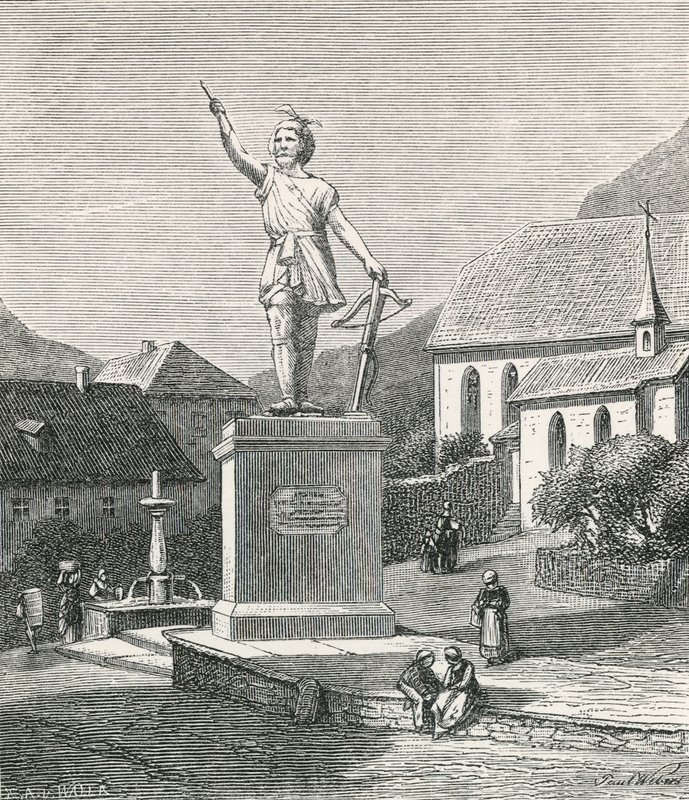 Statua Tella w Altorf, w pobliżu miejsca, w którym podobno wystrzelił jabłko z głowy swojego syna autorstwa Swiss School