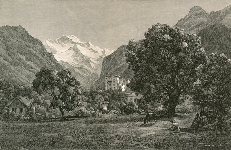 Jungfrau i otwarcie doliny Lauterbrunnen z okolic Interlaken autorstwa Swiss School