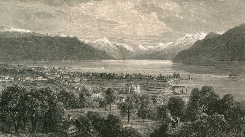 Vevey i górna część Jeziora Genewskiego, patrząc w kierunku Doliny Rodanu autorstwa Swiss School