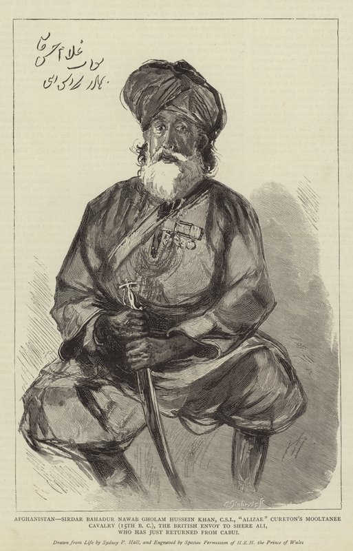 Afganistan, Sirdar Bahadur Nawab Gholam Hussein Khan, CSI, Kawaleria Mooltanee Alizae Cureton (15 pne), brytyjski wysłannik do Shere Ali, który właśnie wrócił z Kabulu autorstwa Sydney Prior Hall