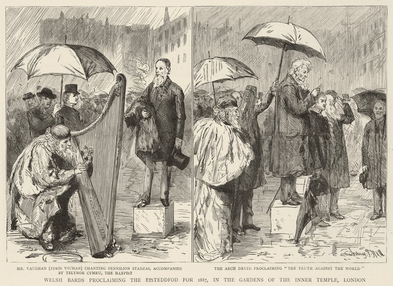 Walijscy bardowie proklamujący Eisteddfod w 1887 r. w Ogrodach Wewnętrznej Świątyni w Londynie autorstwa Sydney Prior Hall