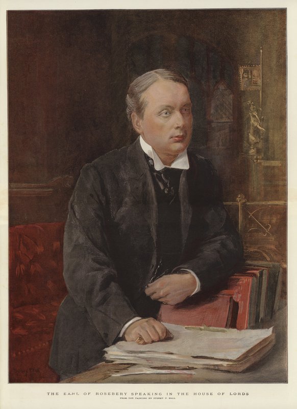 Earl of Rosebery przemawia w Izbie Lordów (kolor lito) autorstwa Sydney Prior (after) Hall
