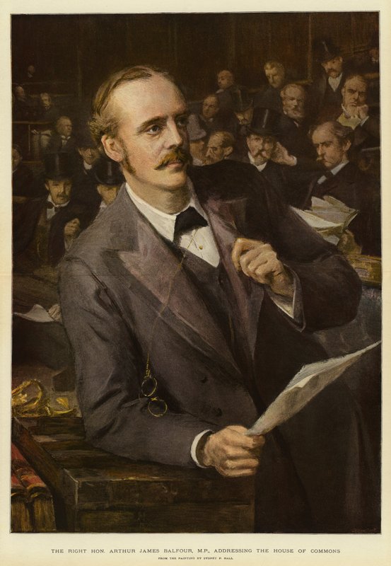Wielmożny Arthur James Balfour, poseł, przemawiając do Izby Gmin (litografia kolorowa) autorstwa Sydney Prior (after) Hall