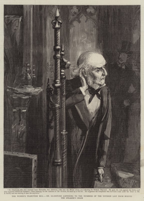 Ustawa o franczyzie kobiet, pan Gladstone słuchający listy Liczb z dywizji zza fotela marszałka (rycina) autorstwa Sydney Prior (after) Hall