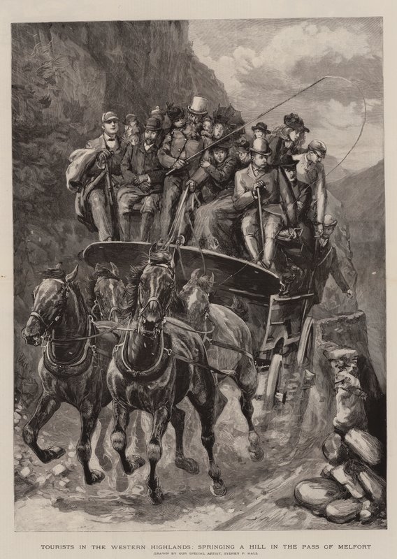 Turyści na Wyżynach Zachodnich, wznoszący się na wzgórzu w przełęczy Melfort (rycina) autorstwa Sydney Prior (after) Hall